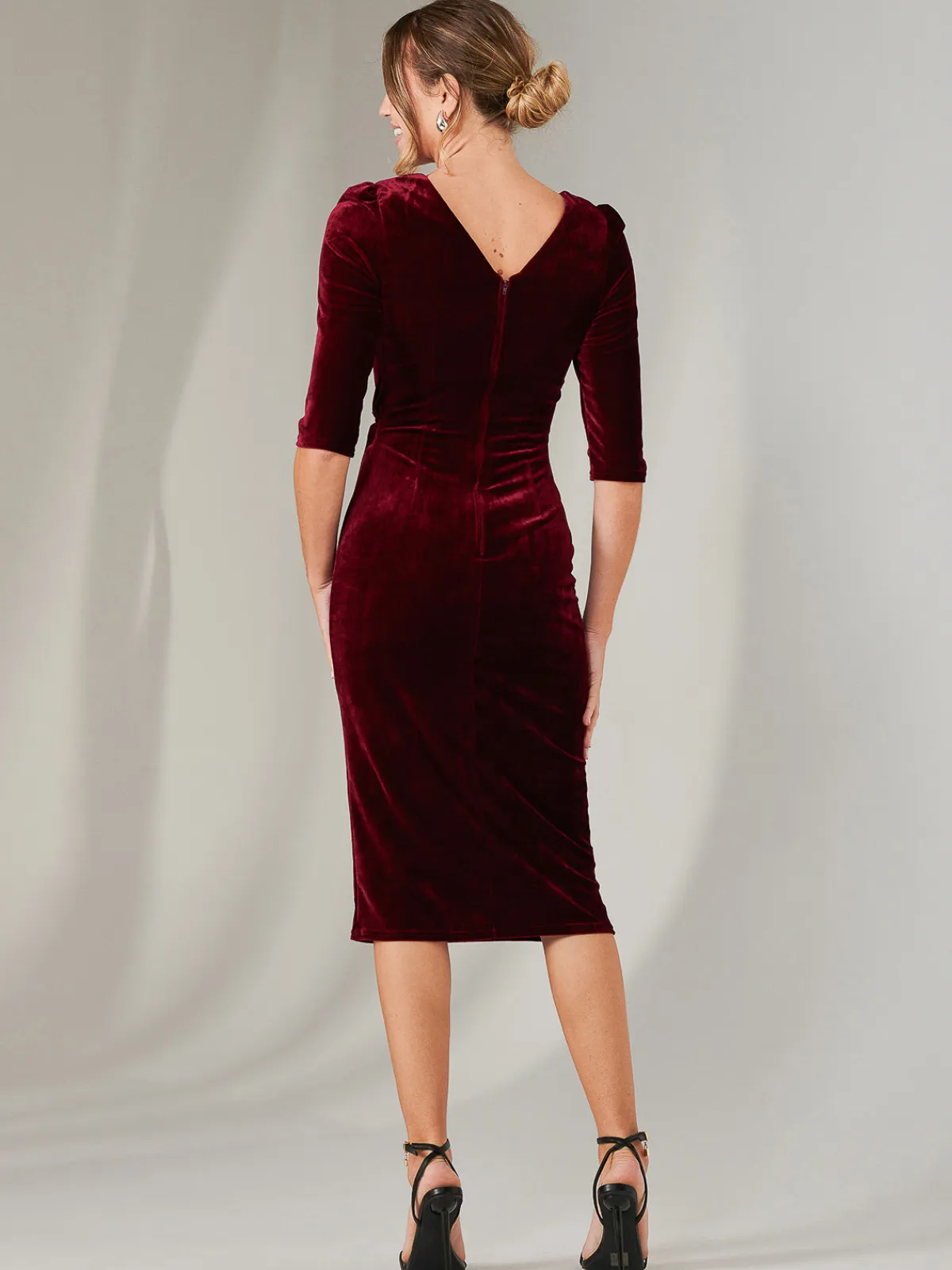 Jolie Moi Occasion Dresses|Velvet Dresses-Velvet Side Tie Midi Dress, Burgundy