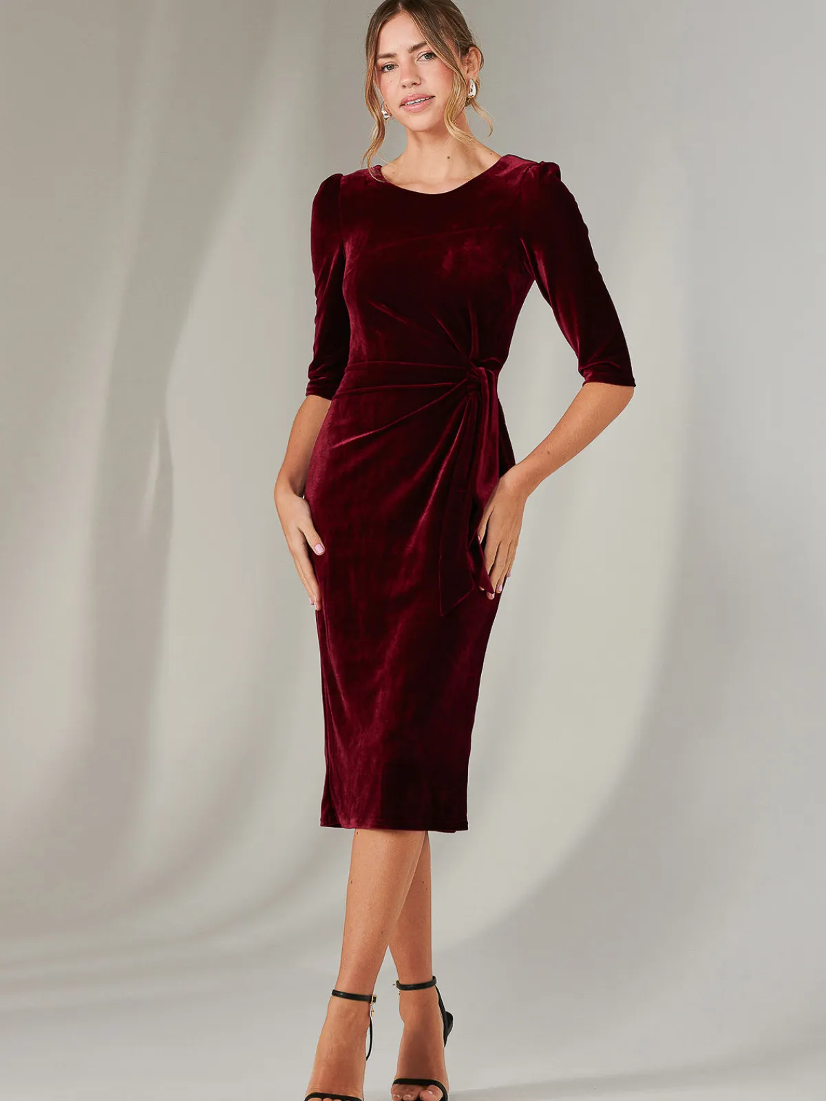 Jolie Moi Occasion Dresses|Velvet Dresses-Velvet Side Tie Midi Dress, Burgundy