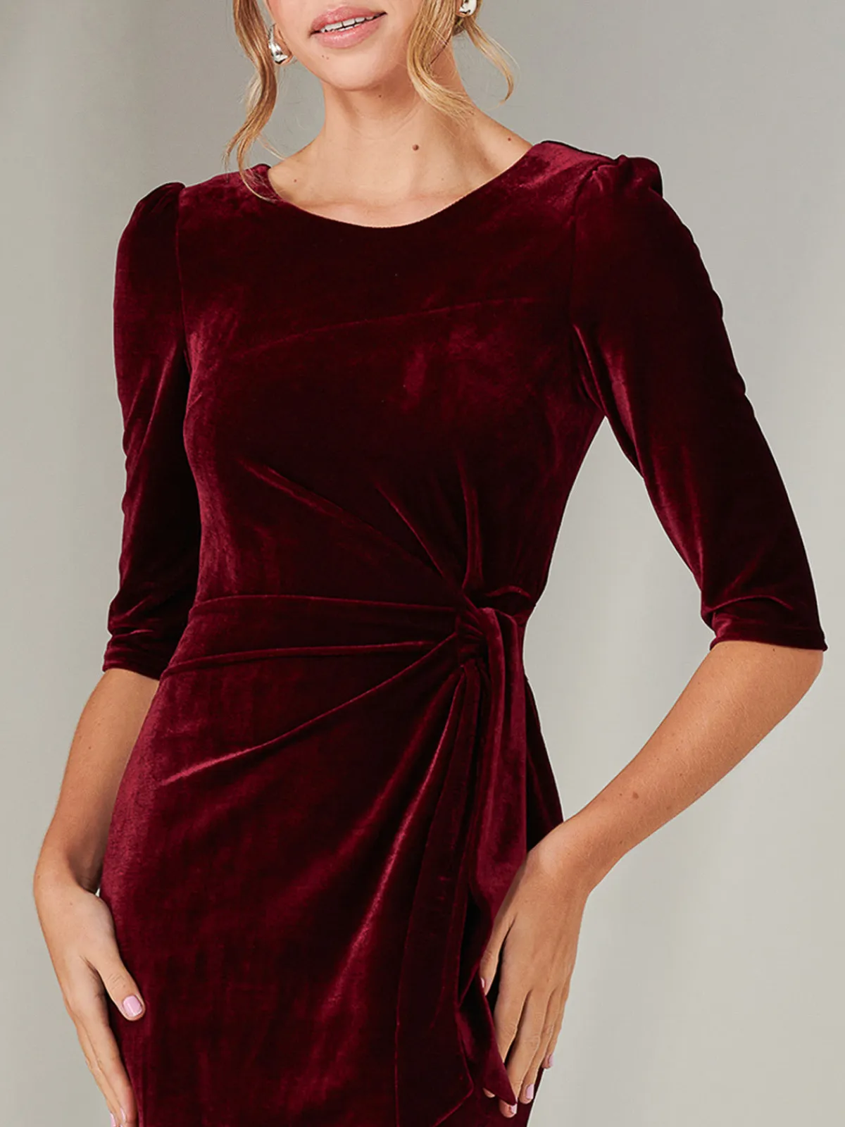 Jolie Moi Occasion Dresses|Velvet Dresses-Velvet Side Tie Midi Dress, Burgundy