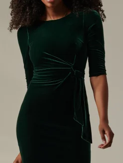 Jolie Moi Occasion Dresses|Velvet Dresses-Velvet Side Tie Midi Dress, Dark Green