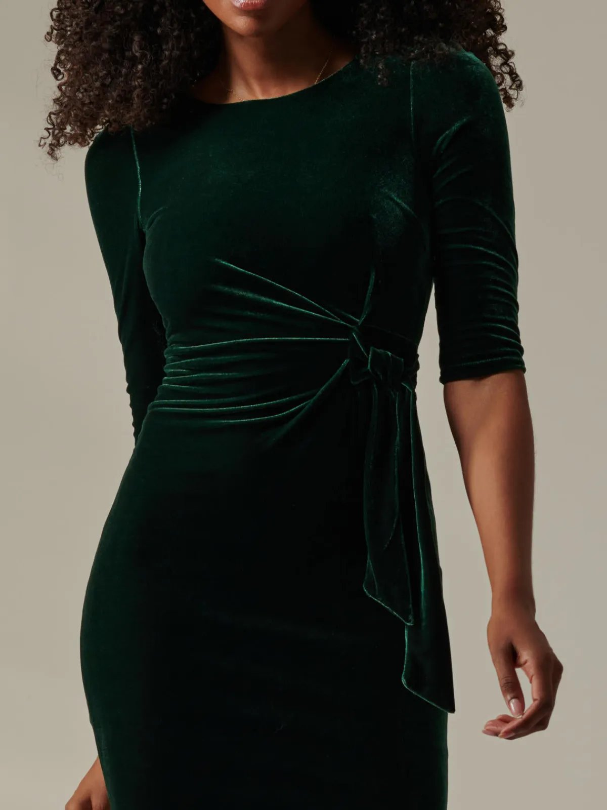 Jolie Moi Occasion Dresses|Velvet Dresses-Velvet Side Tie Midi Dress, Dark Green