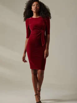 Jolie Moi Occasion Dresses|Velvet Dresses-Velvet Side Tie Midi Dress, Wine