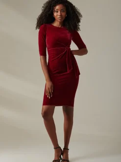 Jolie Moi Occasion Dresses|Velvet Dresses-Velvet Side Tie Midi Dress, Wine
