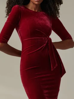 Jolie Moi Occasion Dresses|Velvet Dresses-Velvet Side Tie Midi Dress, Wine