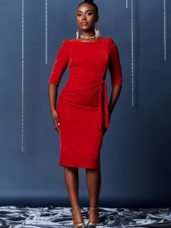 Jolie Moi Occasion Dresses|Velvet Dresses-Velvet Tie Detail Bodycon Dress, Red