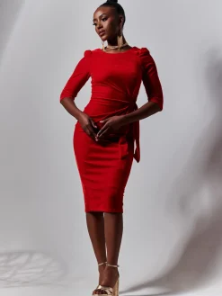 Jolie Moi Occasion Dresses|Velvet Dresses-Velvet Tie Detail Bodycon Dress, Red