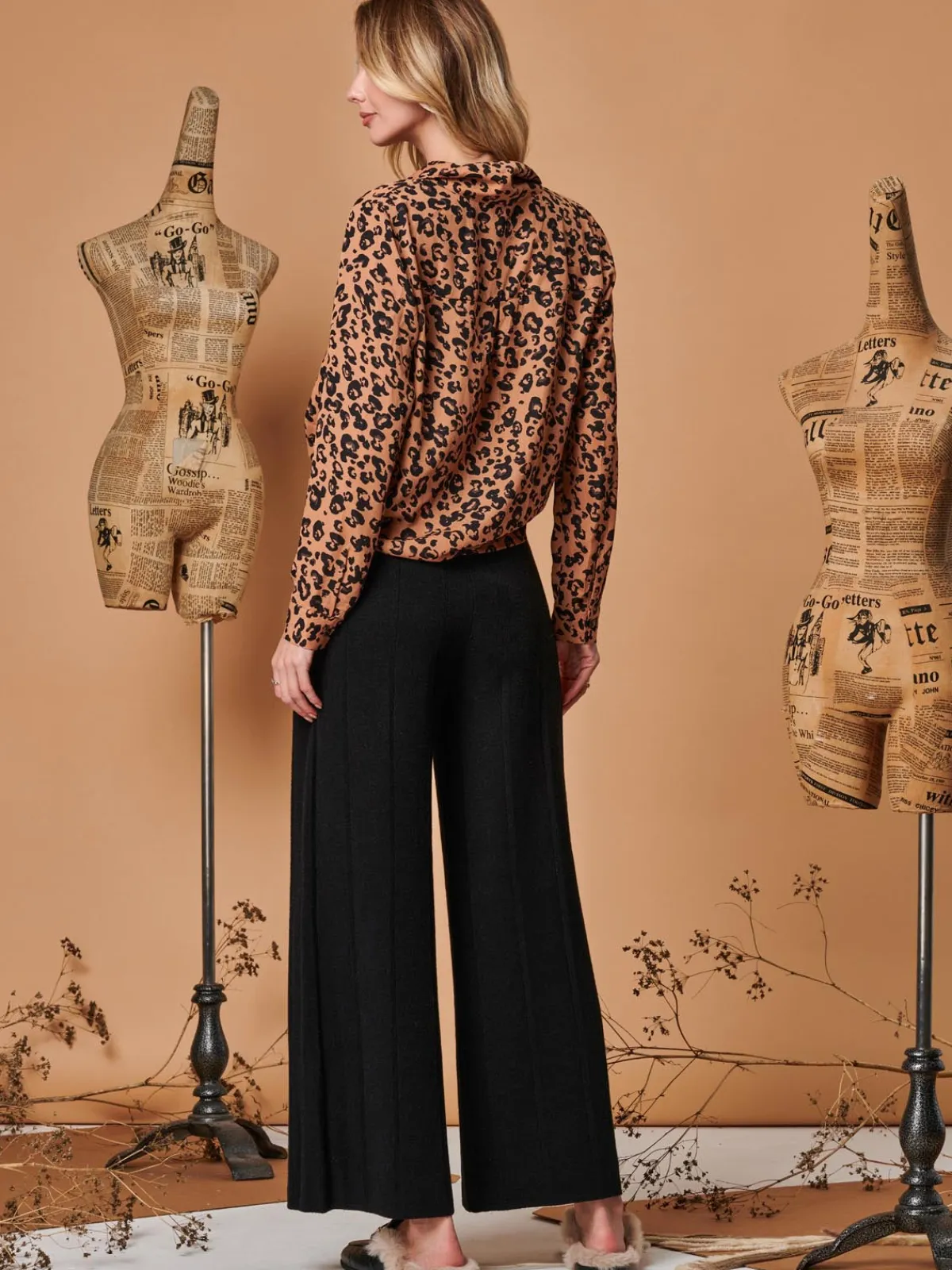 Jolie Moi Co-Ords|Weekend Casuals-Vertical Line Knit Flared Pants, Black