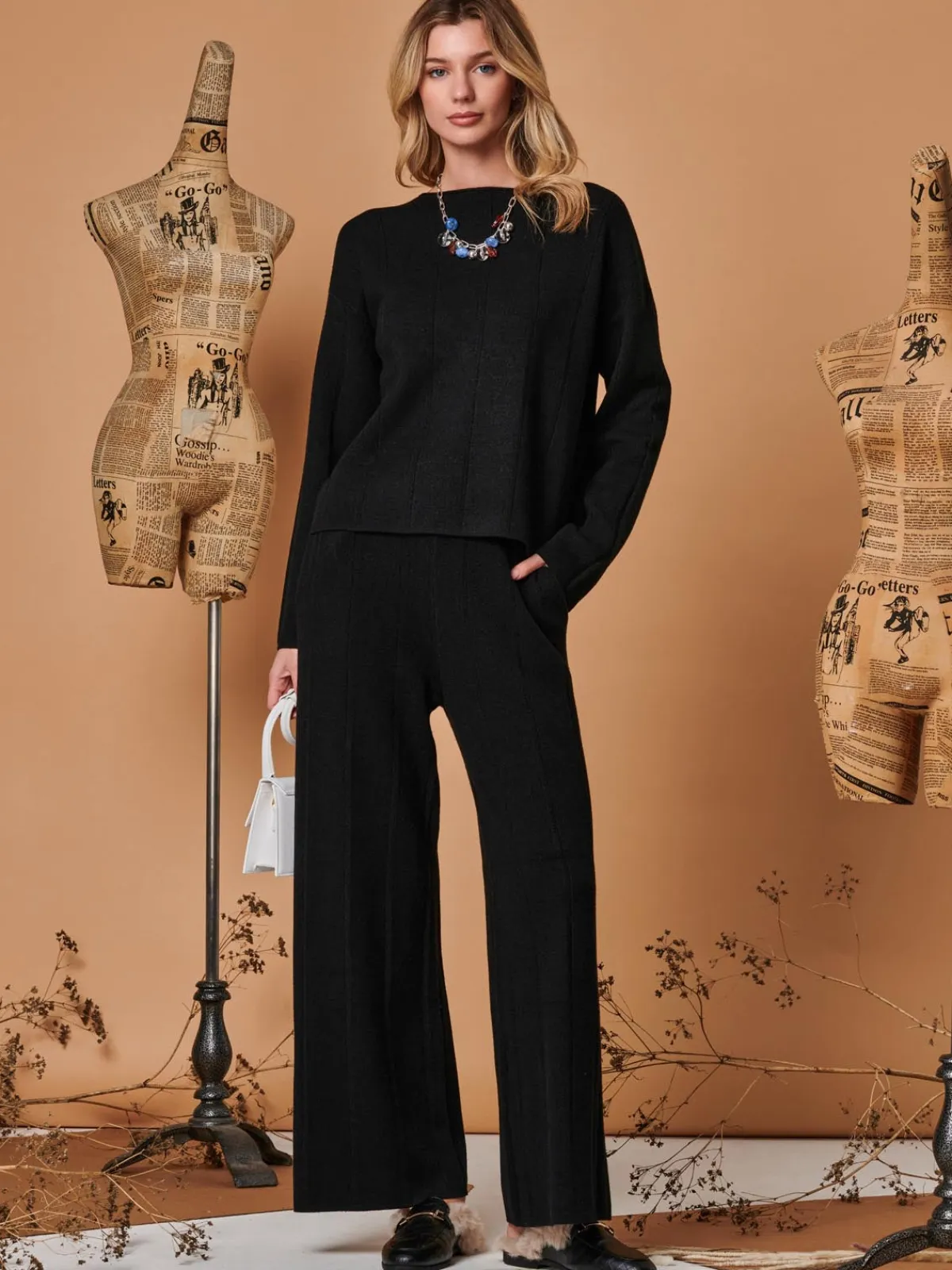 Jolie Moi Co-Ords|Weekend Casuals-Vertical Line Knit Flared Pants, Black