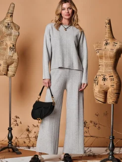 Jolie Moi Co-Ords|Weekend Casuals-Vertical Line Knit Flared Pants, Dove Heather