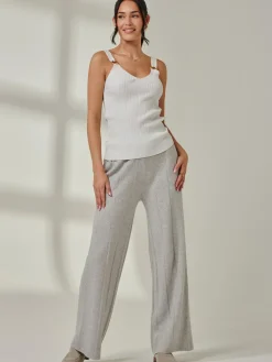 Jolie Moi Co-Ords|Weekend Casuals-Vertical Line Knit Flared Pants, Dove Heather