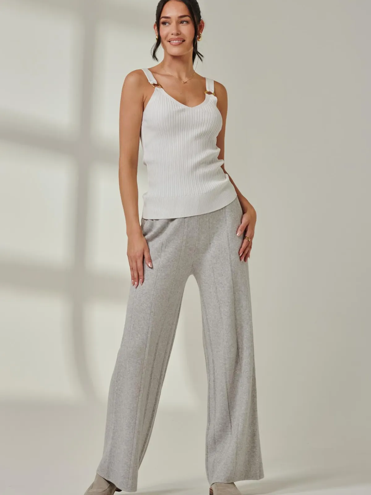 Jolie Moi Co-Ords|Weekend Casuals-Vertical Line Knit Flared Pants, Dove Heather