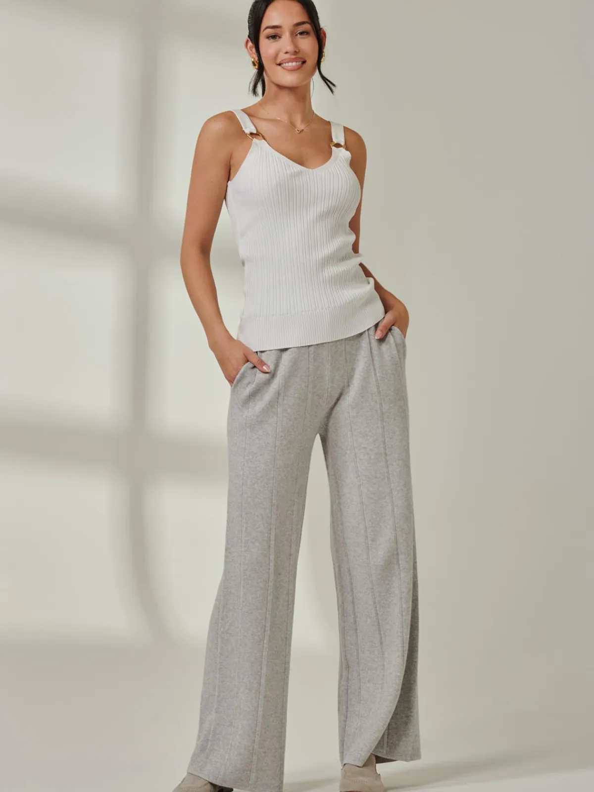Jolie Moi Co-Ords|Weekend Casuals-Vertical Line Knit Flared Pants, Dove Heather