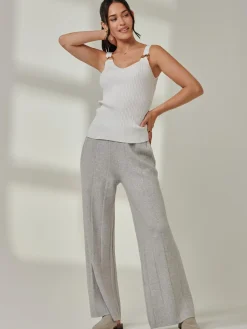 Jolie Moi Co-Ords|Weekend Casuals-Vertical Line Knit Flared Pants, Dove Heather