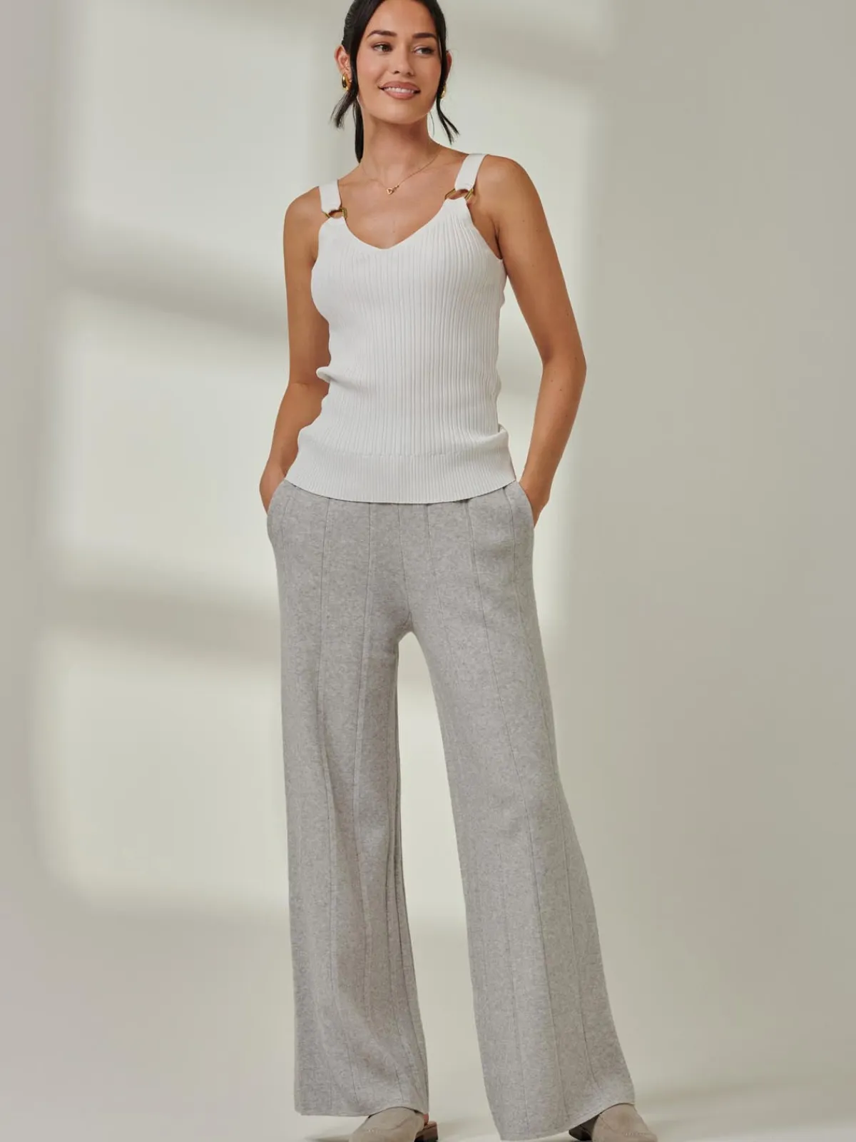 Jolie Moi Co-Ords|Weekend Casuals-Vertical Line Knit Flared Pants, Dove Heather