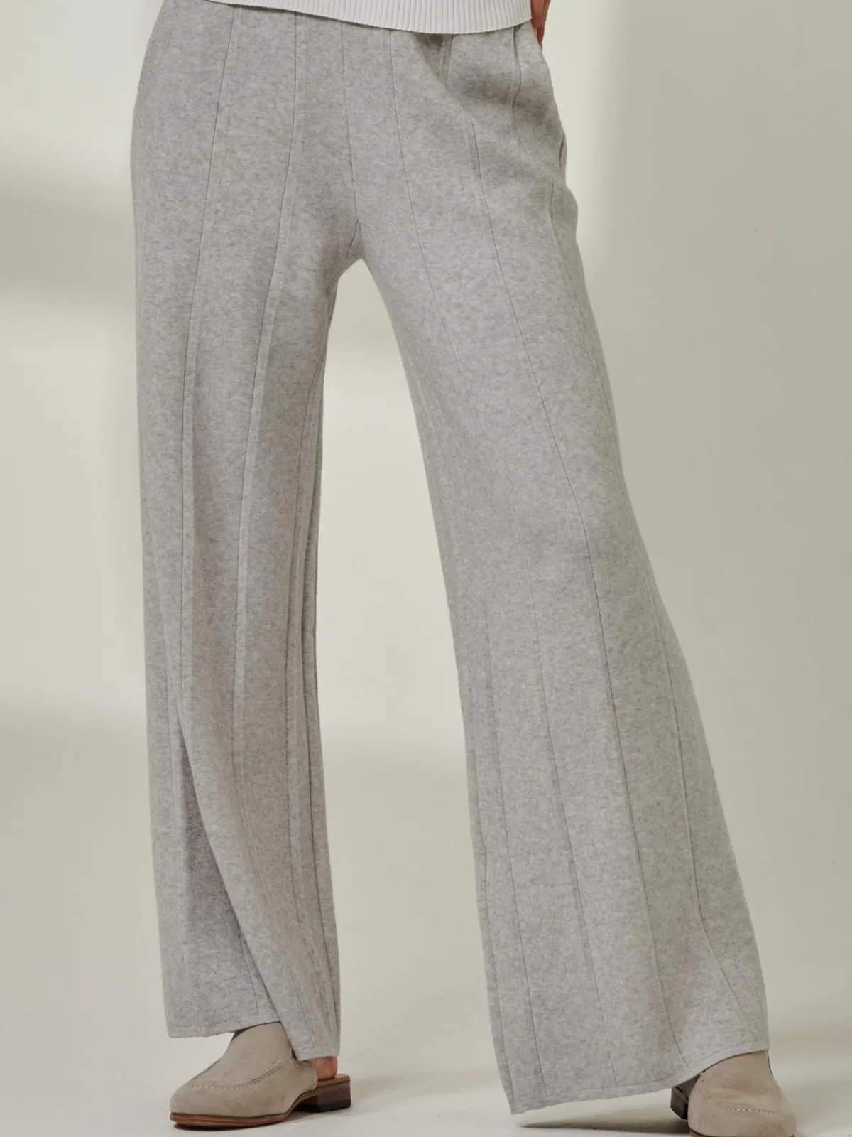 Jolie Moi Co-Ords|Weekend Casuals-Vertical Line Knit Flared Pants, Dove Heather
