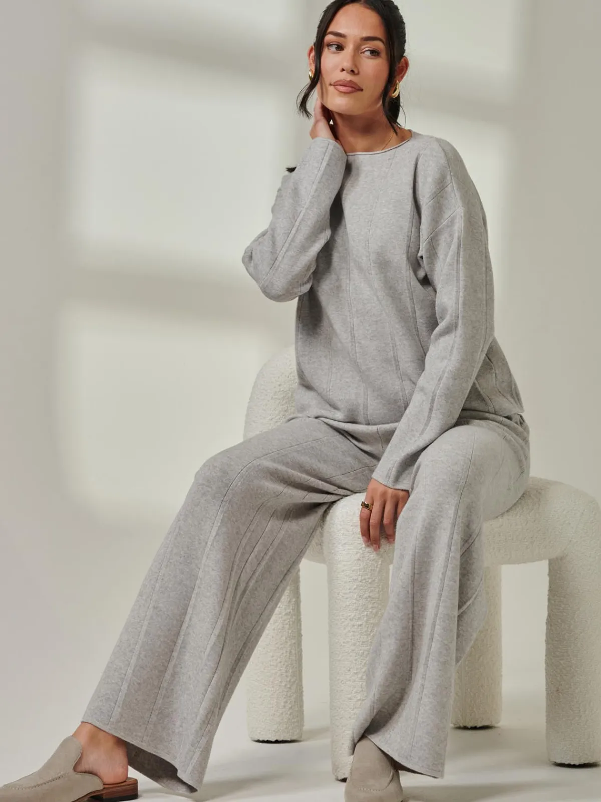 Jolie Moi Co-Ords|Weekend Casuals-Vertical Line Knit Flared Pants, Dove Heather