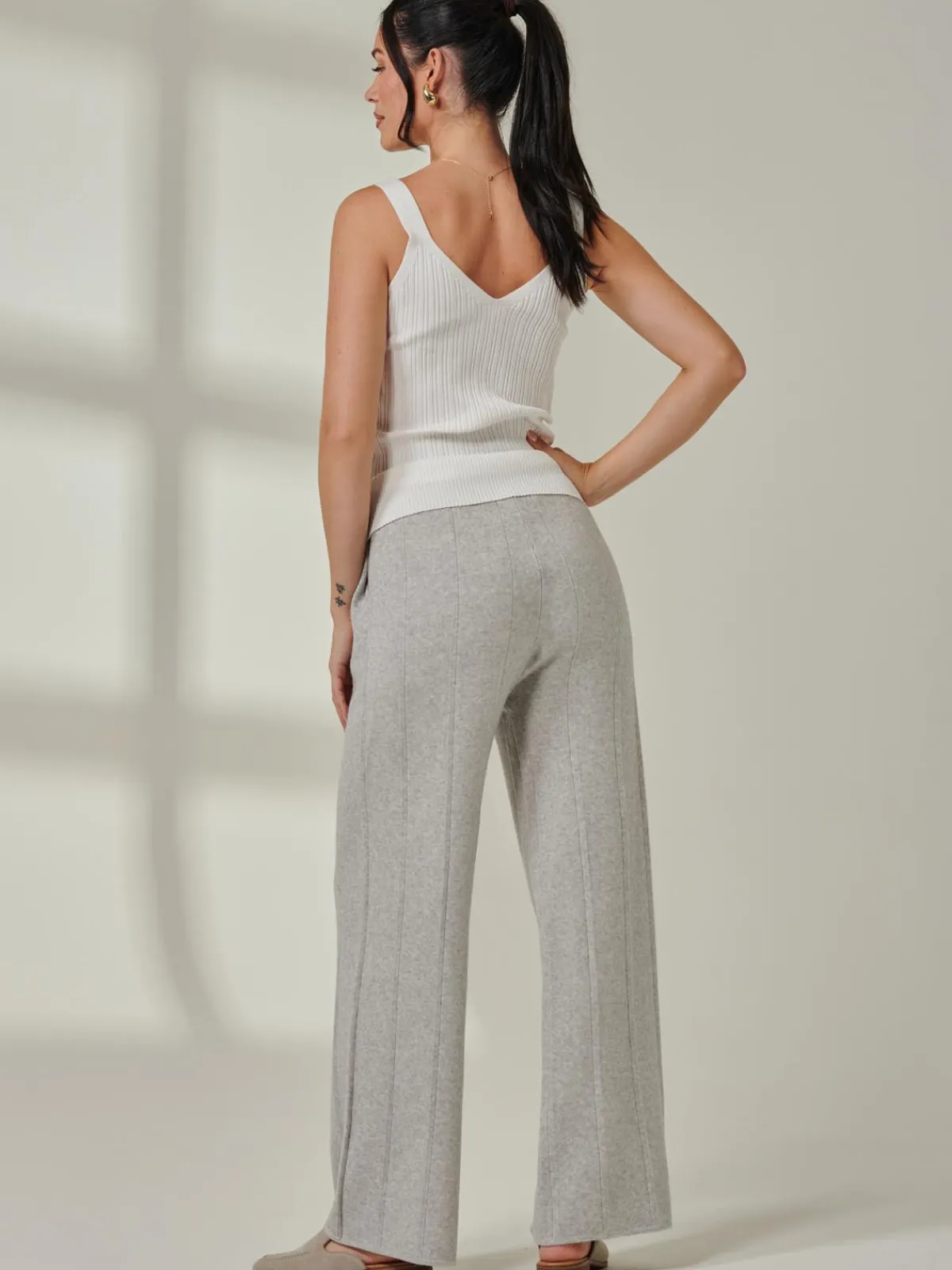 Jolie Moi Co-Ords|Weekend Casuals-Vertical Line Knit Flared Pants, Dove Heather