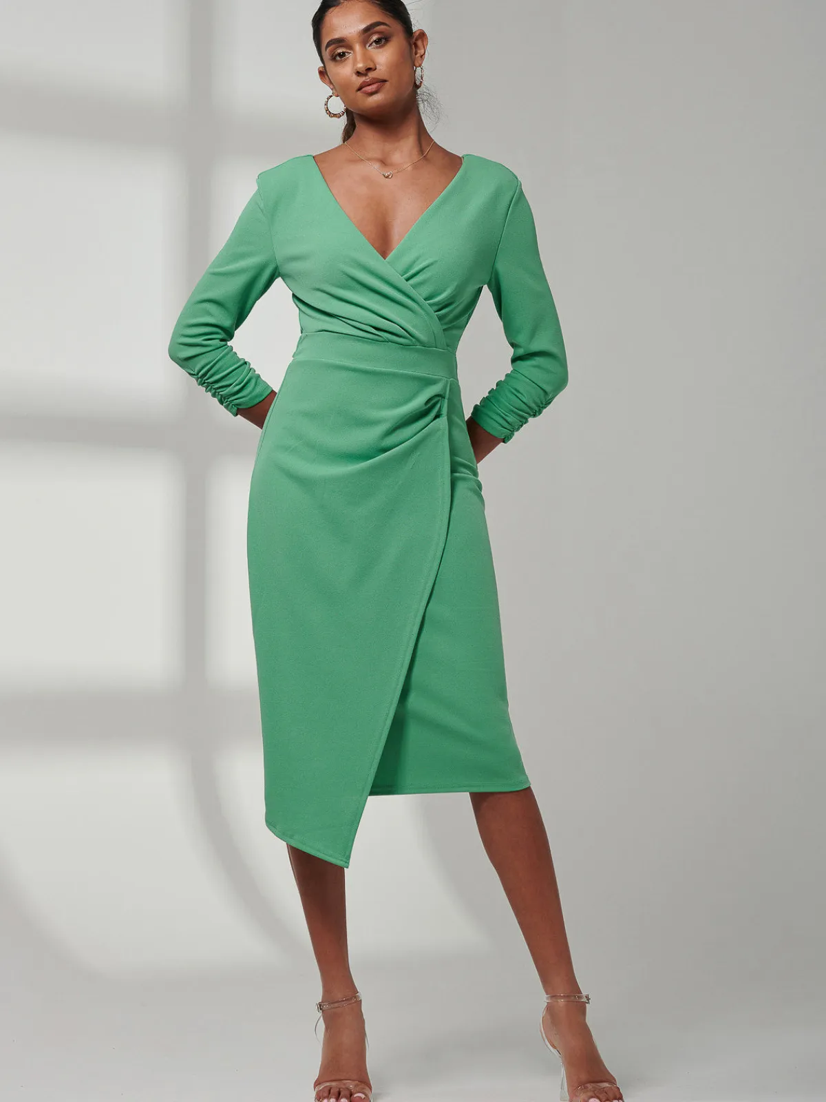 Jolie Moi Occasion Dresses|Long Sleeved Dresses-Violetta 3/4 Sleeve Bodycon Dress, Green