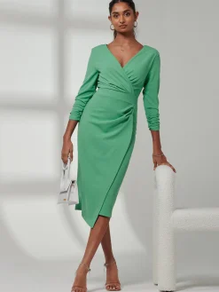Jolie Moi Occasion Dresses|Long Sleeved Dresses-Violetta 3/4 Sleeve Bodycon Dress, Green