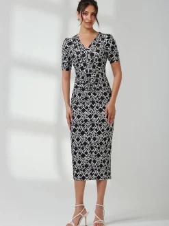 Jolie Moi Occasion Dresses|Jersey Dresses-V Neck Bodycon Midi Dress, Black Geo