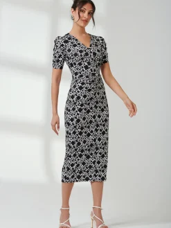 Jolie Moi Occasion Dresses|Jersey Dresses-V Neck Bodycon Midi Dress, Black Geo