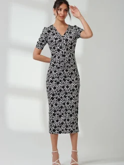 Jolie Moi Occasion Dresses|Jersey Dresses-V Neck Bodycon Midi Dress, Black Geo