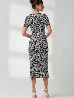 Jolie Moi Occasion Dresses|Jersey Dresses-V Neck Bodycon Midi Dress, Black Geo