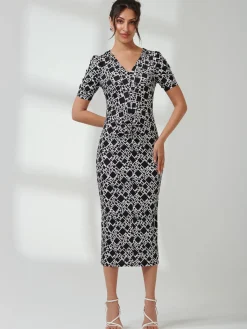 Jolie Moi Occasion Dresses|Jersey Dresses-V Neck Bodycon Midi Dress, Black Geo