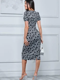 Jolie Moi Occasion Dresses|Jersey Dresses-V Neck Bodycon Midi Dress, Black Geo