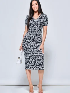 Jolie Moi Occasion Dresses|Jersey Dresses-V Neck Bodycon Midi Dress, Black Geo