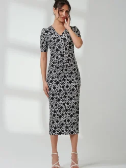 Jolie Moi Occasion Dresses|Jersey Dresses-V Neck Bodycon Midi Dress, Black Geo
