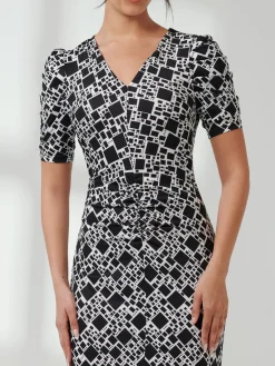 Jolie Moi Occasion Dresses|Jersey Dresses-V Neck Bodycon Midi Dress, Black Geo