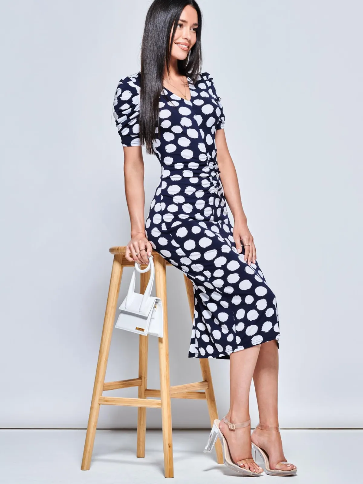 Jolie Moi Occasion Dresses|Jersey Dresses-V Neck Bodycon Midi Dress, Navy Spot