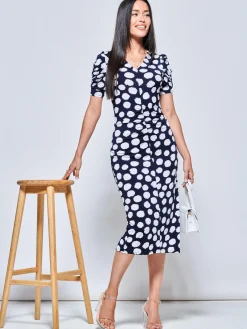 Jolie Moi Occasion Dresses|Jersey Dresses-V Neck Bodycon Midi Dress, Navy Spot