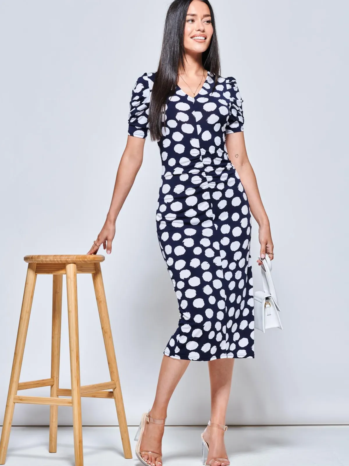 Jolie Moi Occasion Dresses|Jersey Dresses-V Neck Bodycon Midi Dress, Navy Spot