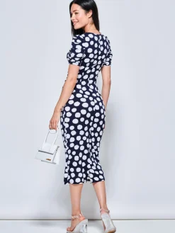 Jolie Moi Occasion Dresses|Jersey Dresses-V Neck Bodycon Midi Dress, Navy Spot