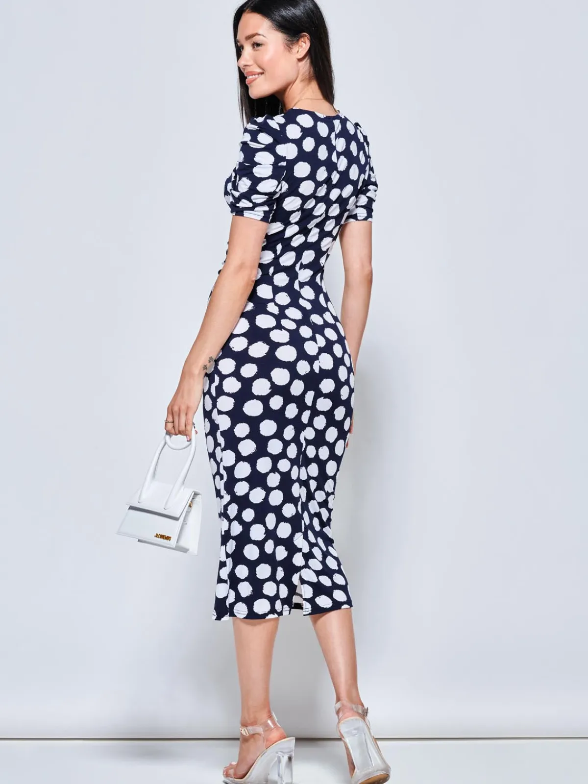 Jolie Moi Occasion Dresses|Jersey Dresses-V Neck Bodycon Midi Dress, Navy Spot
