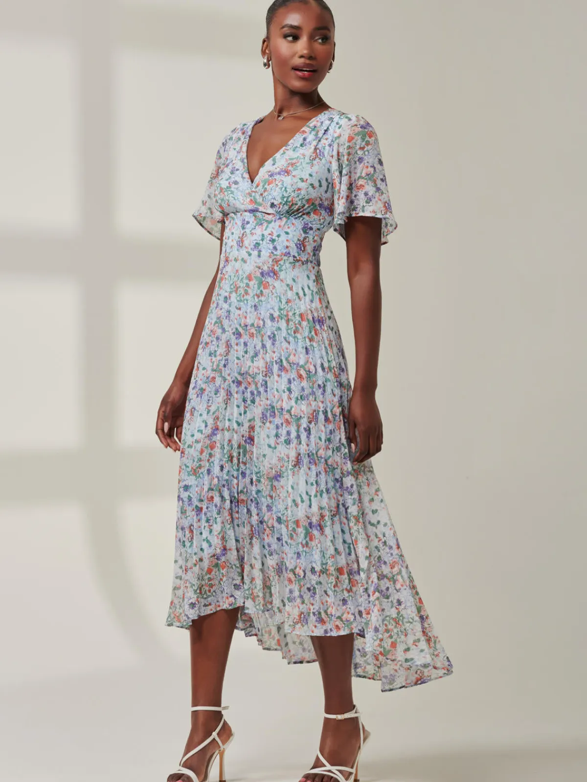 Jolie Moi Occasion Dresses|Office Dresses-V-Neck Chiffon Maxi Dress, Blue Floral