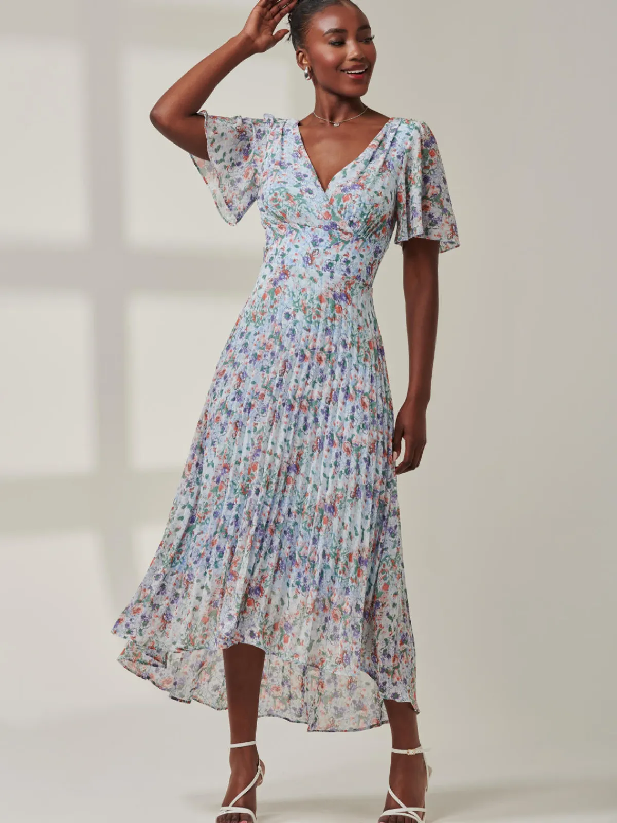 Jolie Moi Occasion Dresses|Office Dresses-V-Neck Chiffon Maxi Dress, Blue Floral