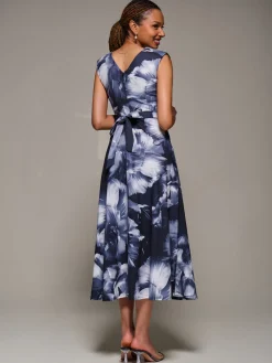 Jolie Moi Occasion Dresses|Sleeveless Dresses-V-Neck Fit & Flare Scuba Midaxi Dress, Black Abstract