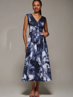 Jolie Moi Occasion Dresses|Sleeveless Dresses-V-Neck Fit & Flare Scuba Midaxi Dress, Black Abstract