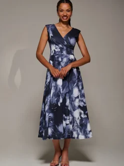 Jolie Moi Occasion Dresses|Sleeveless Dresses-V-Neck Fit & Flare Scuba Midaxi Dress, Black Abstract