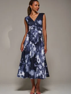 Jolie Moi Occasion Dresses|Sleeveless Dresses-V-Neck Fit & Flare Scuba Midaxi Dress, Black Abstract