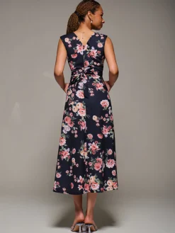 Jolie Moi Occasion Dresses|Floral Dresses-V-Neck Fit & Flare Scuba Midaxi Dress, Black Floral