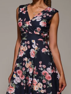 Jolie Moi Occasion Dresses|Floral Dresses-V-Neck Fit & Flare Scuba Midaxi Dress, Black Floral