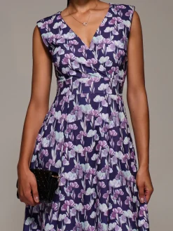 Jolie Moi Occasion Dresses|Floral Dresses-V-Neck Fit & Flare Scuba Midaxi Dress, Purple Floral