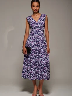 Jolie Moi Occasion Dresses|Floral Dresses-V-Neck Fit & Flare Scuba Midaxi Dress, Purple Floral