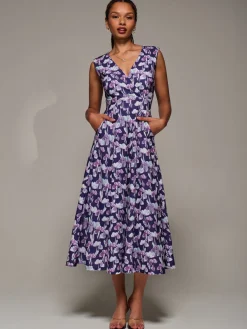 Jolie Moi Occasion Dresses|Floral Dresses-V-Neck Fit & Flare Scuba Midaxi Dress, Purple Floral