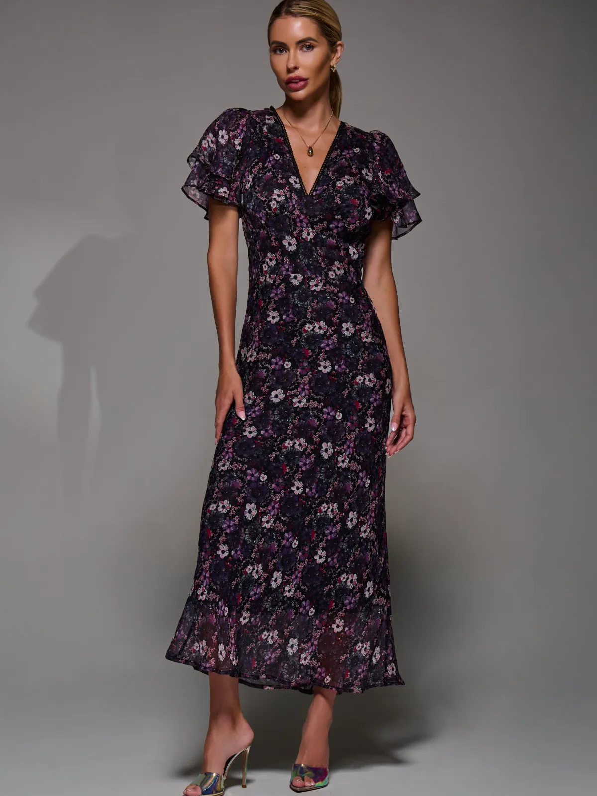 Jolie Moi Occasion Dresses|Floral Dresses-V-Neck Frill Sleeve Chiffon Midaxi Dress, Purple Multi