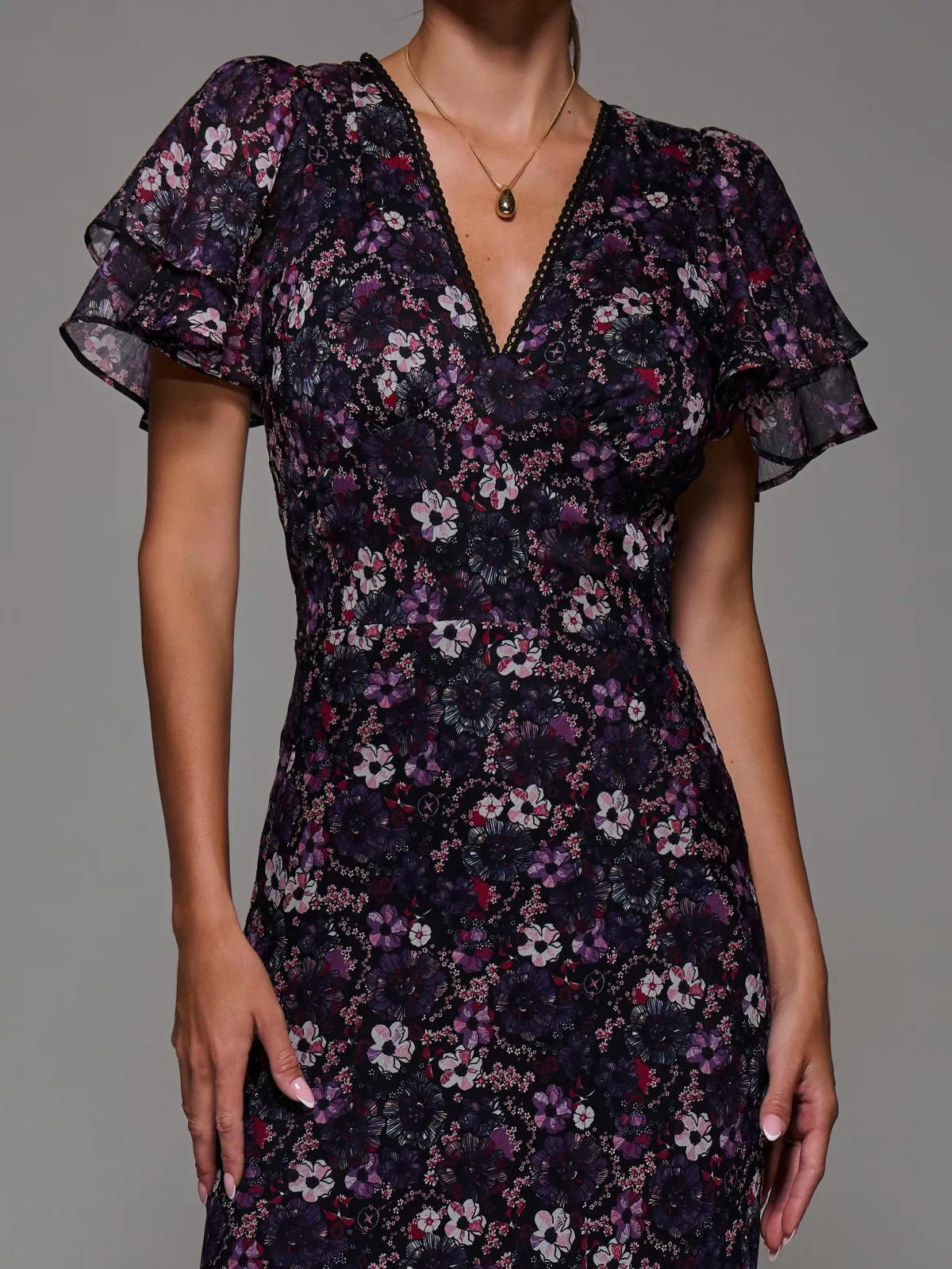 Jolie Moi Occasion Dresses|Floral Dresses-V-Neck Frill Sleeve Chiffon Midaxi Dress, Purple Multi